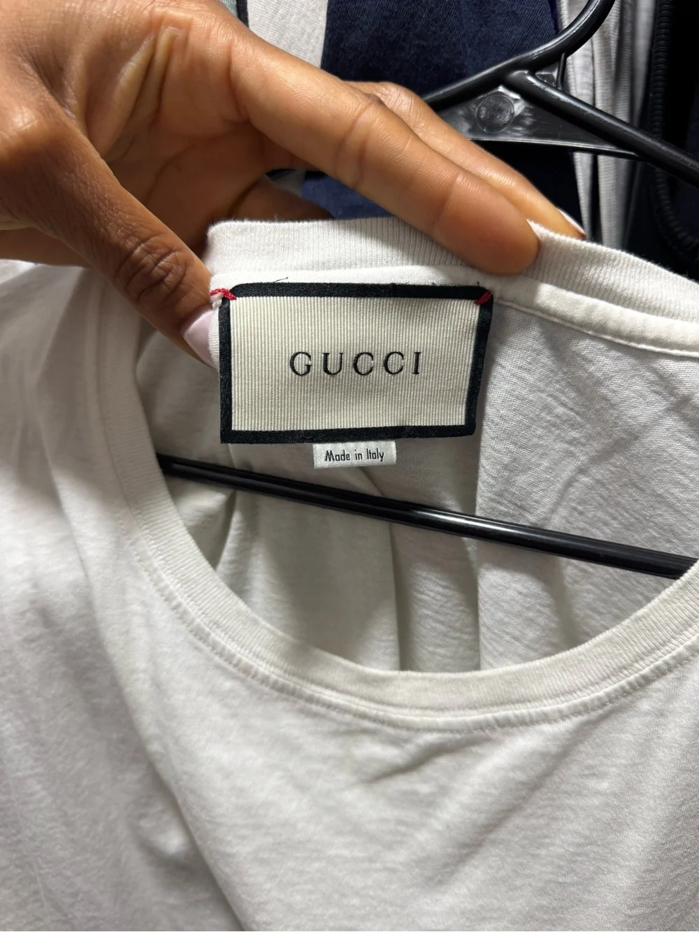 Gucci White Tee with Gold Logo and Green-Red Stripe